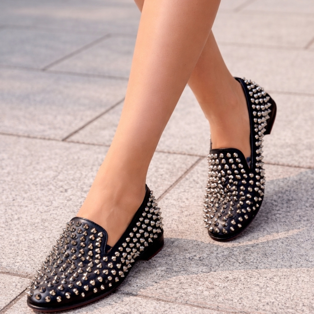 Christian Louboutin Black Leather Spike Stud Roller Loafers Slip On Shoes EU 35